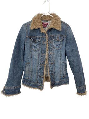 Y2K Vanity Jeans Denim Jacket Medium Faux Sherpa Lining Fleece Collar Vintage